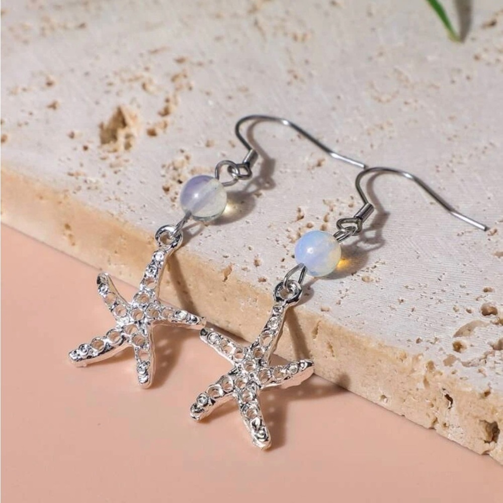 Silver Star Fish Drop Earrings